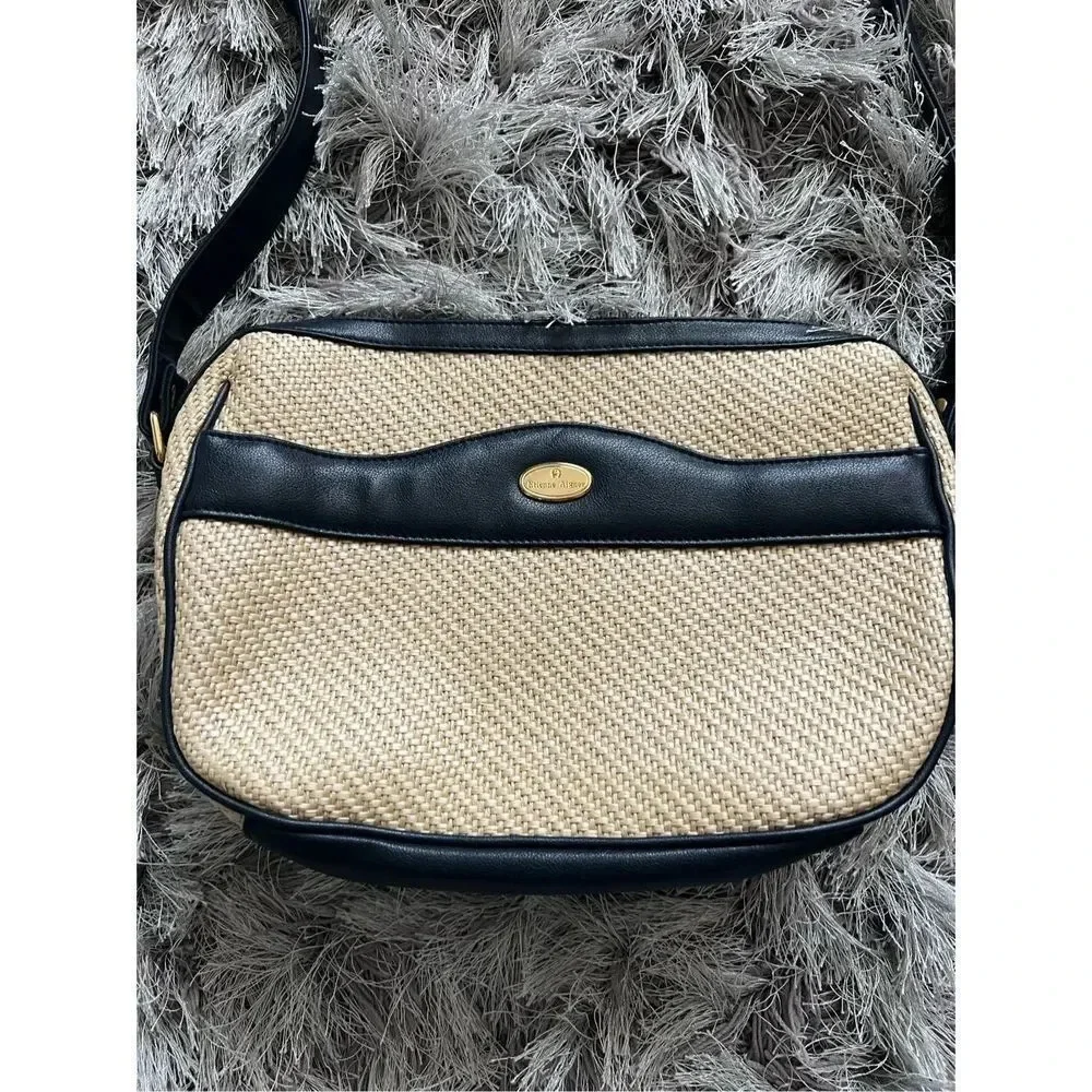 Eitenne Aiger Straw Crossbody Bag With Navy Blue Leather Straps Gold Hardware
